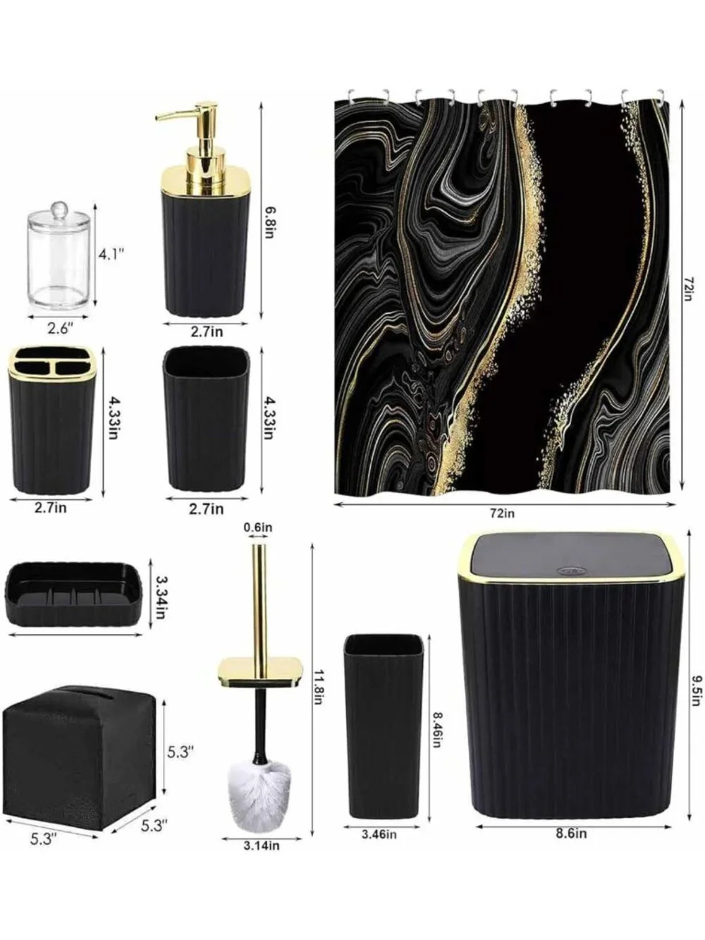 Stylish 21PC Black Bathroom Accessories Set - Shower Curtain, Rugs, Soap